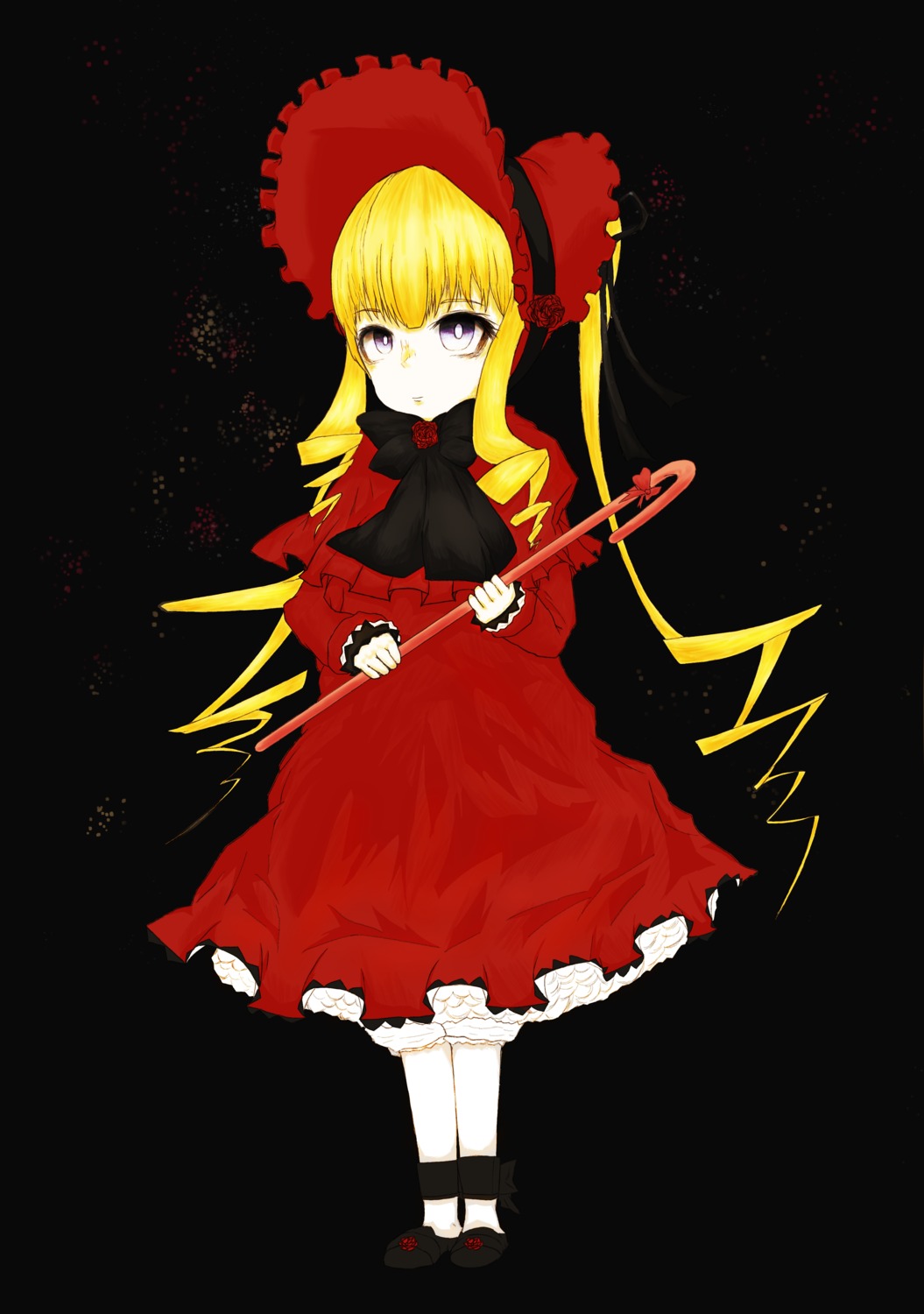 1girl black_background black_footwear blonde_hair bonnet bow bowtie dress full_body holding image long_hair long_sleeves looking_at_viewer mary_janes purple_eyes red_capelet red_dress shinku shoes solo standing white_legwear