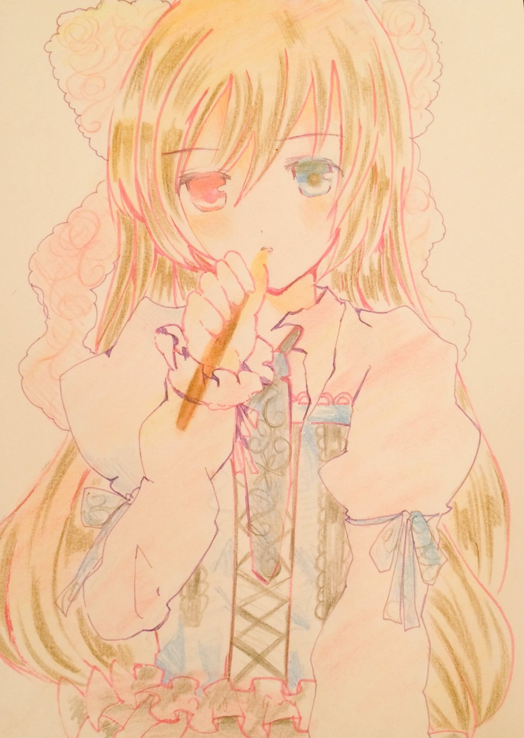 1girl blonde_hair heterochromia image long_hair long_sleeves solo suiseiseki traditional_media watercolor_(medium)