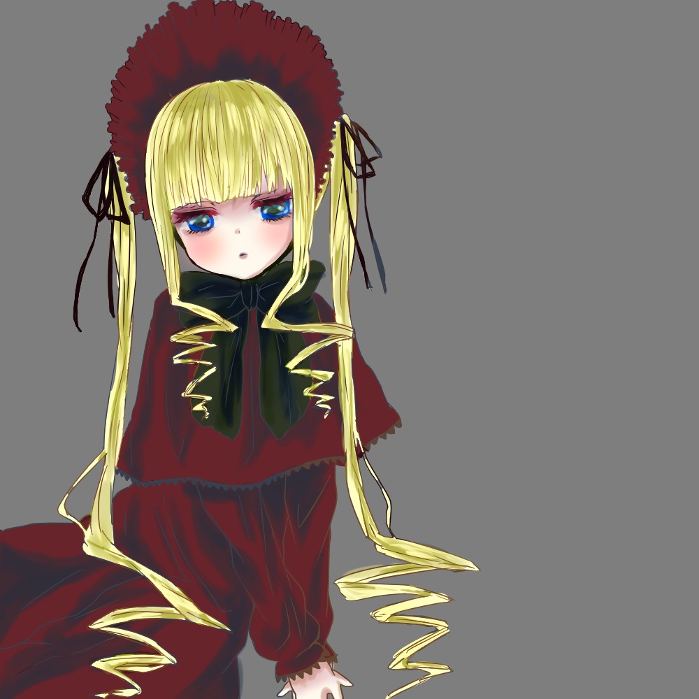 1girl bangs blonde_hair blue_eyes blush bonnet bow bowtie capelet dress image long_hair long_sleeves looking_at_viewer red_dress shinku solo transparent_background twintails very_long_hair