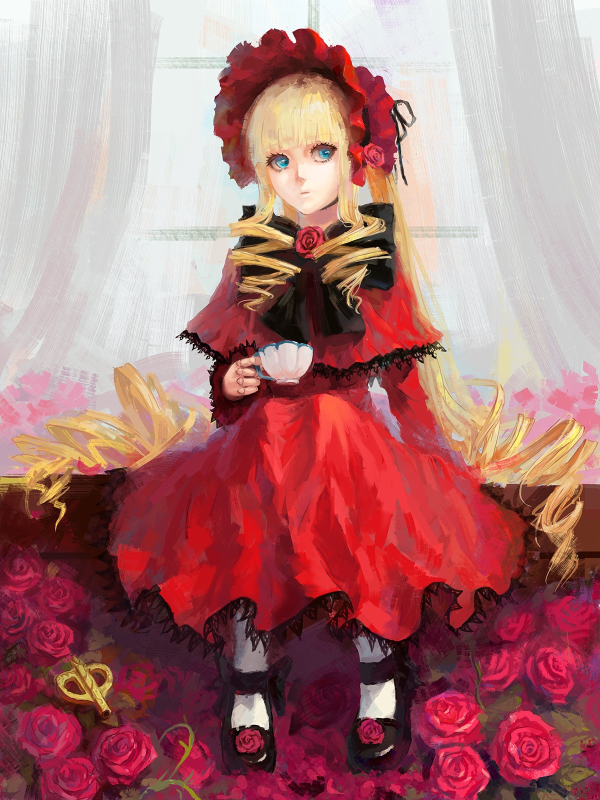 1girl blonde_hair blue_eyes bonnet bow commentary_request cup curtains doll_joints dress drill_hair flower highres image joints long_hair looking_at_viewer mary_janes pantyhose photoshop_(medium) pink_flower pink_rose red_dress red_flower red_rose rose rose_petals rozen_maiden shinku shoes sitting solo teacup thorns traditional_media tuzki twintails very_long_hair white_legwear window yellow_rose