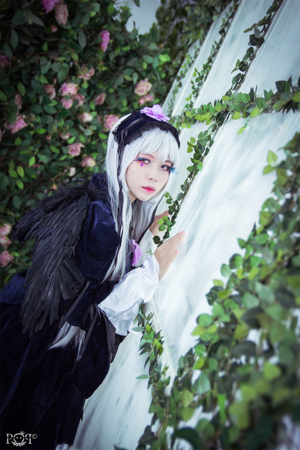 1girl bangs black_dress blurry blurry_background blurry_foreground closed_mouth depth_of_field dress flower gothic_lolita hairband lips long_hair long_sleeves looking_at_viewer plant purple_eyes signature solo suigintou