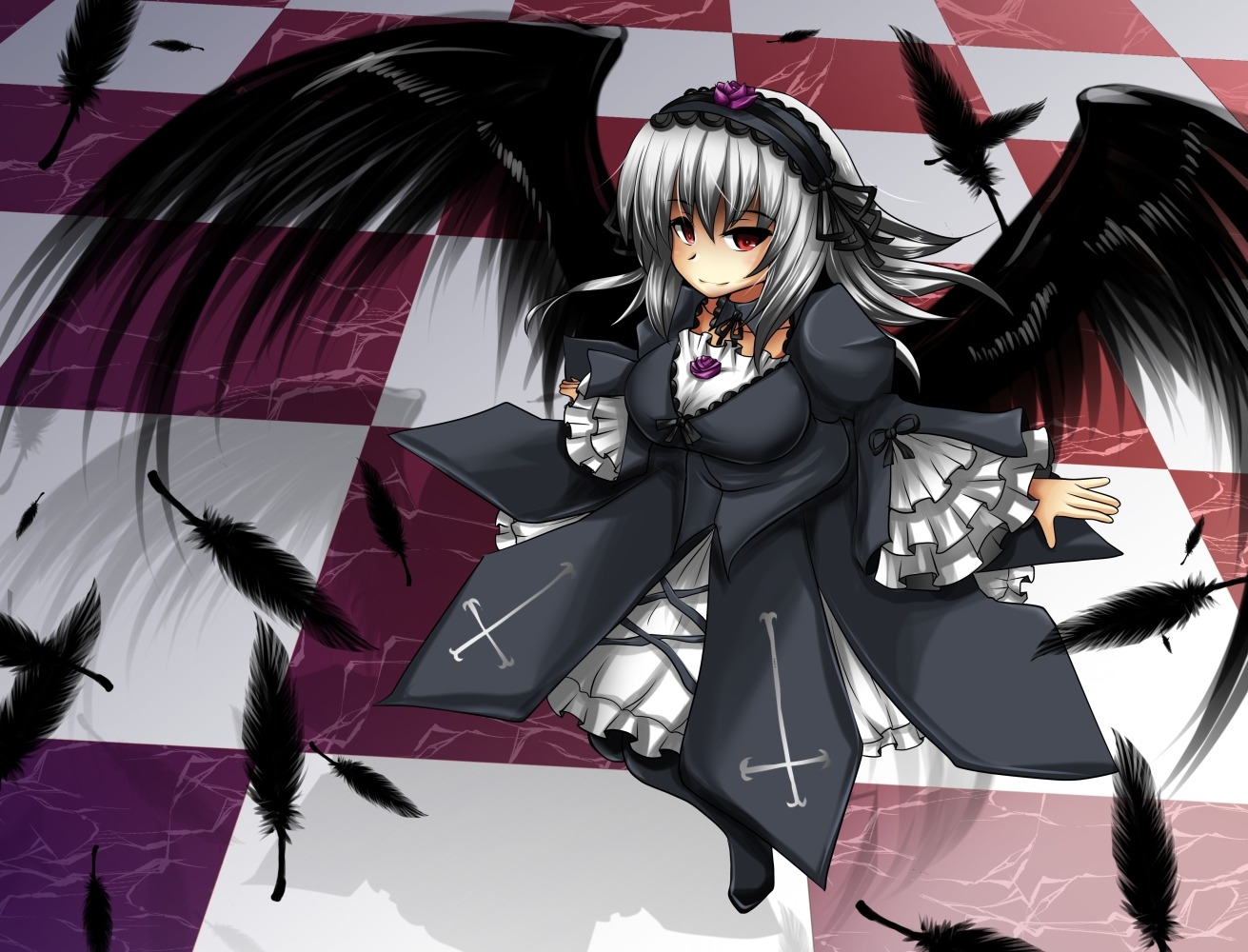 1girl argyle argyle_background argyle_legwear bird black_feathers black_wings checkered checkered_background checkered_floor chess_piece crow dove dress feathered_wings feathers flower frills from_above hairband image lolita_hairband long_hair long_sleeves looking_at_viewer red_eyes rose seagull silver_hair solo suigintou tile_floor tiles white_feathers wings