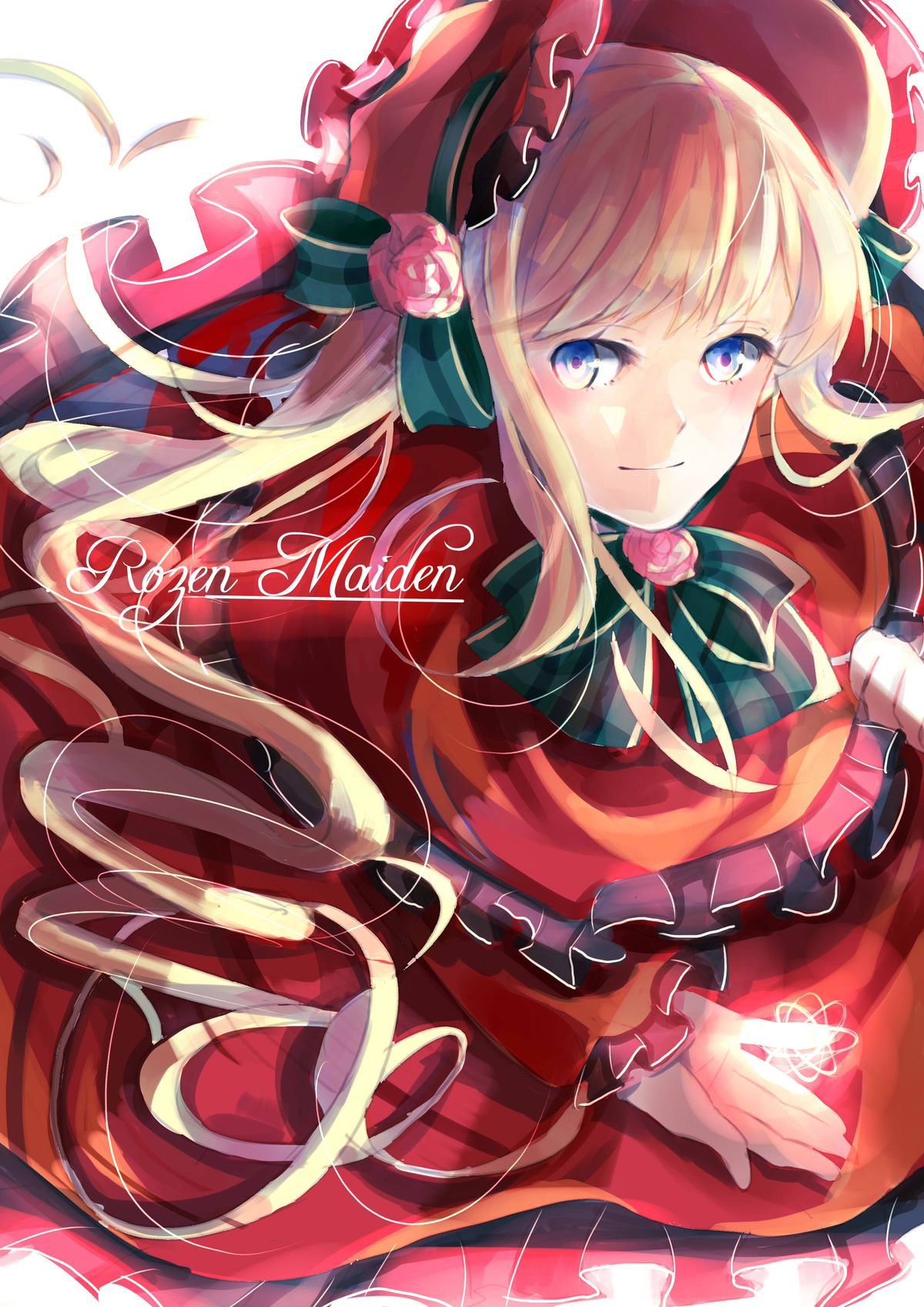 1girl blonde_hair blue_eyes bonnet bow bowtie capelet dress flower hat image long_hair long_sleeves looking_at_viewer pink_flower pink_rose red_capelet red_dress red_headwear rose shinku smile solo