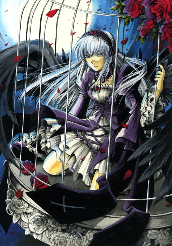 1girl birdcage black_wings cage commentary_request dress flower frills full_moon grey_eyes hairband image kneeling long_hair moon myu-kimera petals purple_rose red_flower red_rose rose rose_petals rozen_maiden silver_hair solo suigintou thorns traditional_media weapon white_hair wings