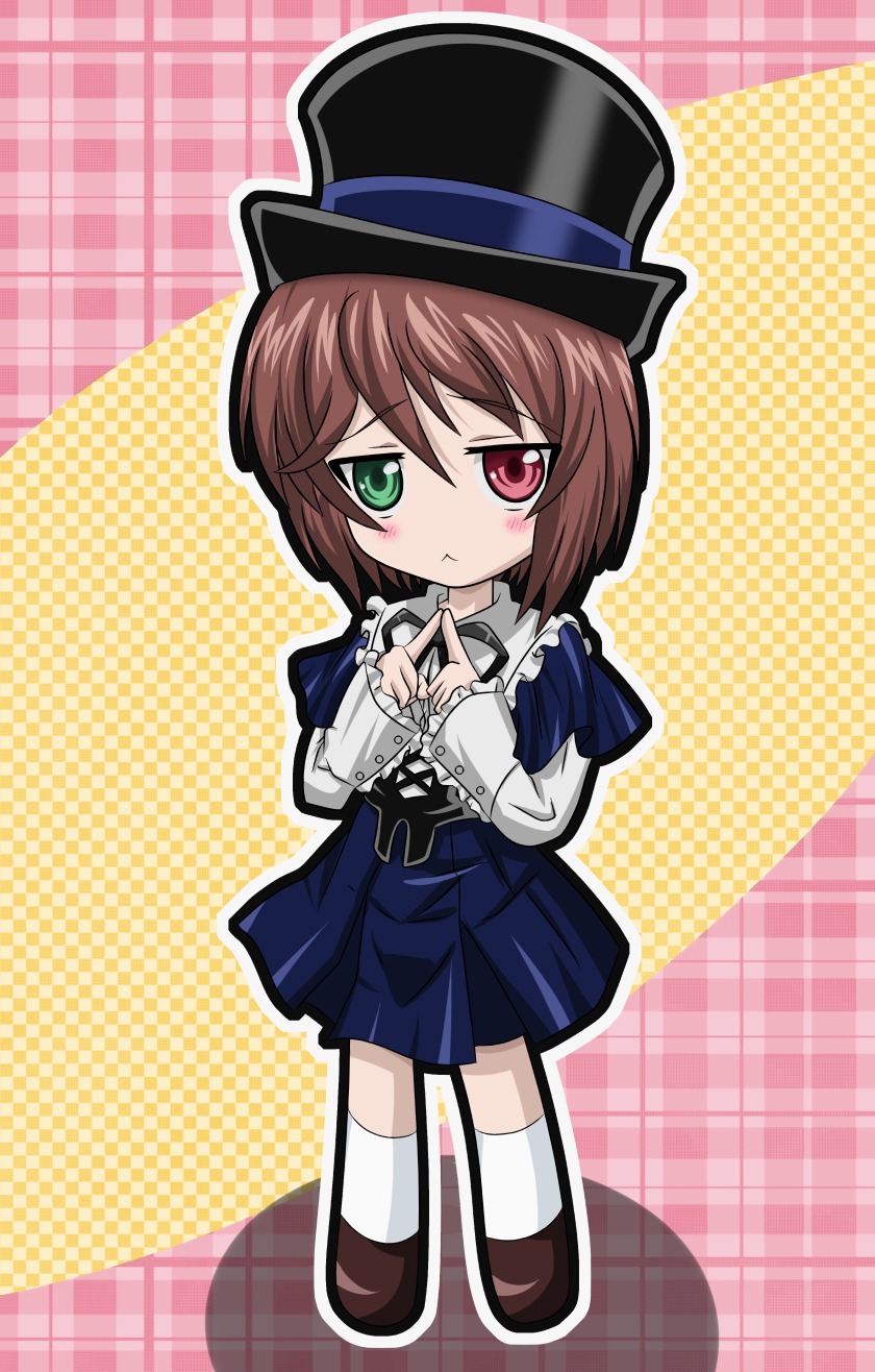 1girl blue_dress blush brown_hair chibi commentary_request dress full_body green_eyes halftone halftone_background hat heterochromia highres image long_sleeves looking_at_viewer plaid_background polka_dot polka_dot_background red_eyes rozen_maiden shoes short_hair solo souseiseki standing takumi_(rozen_garten) top_hat white_legwear