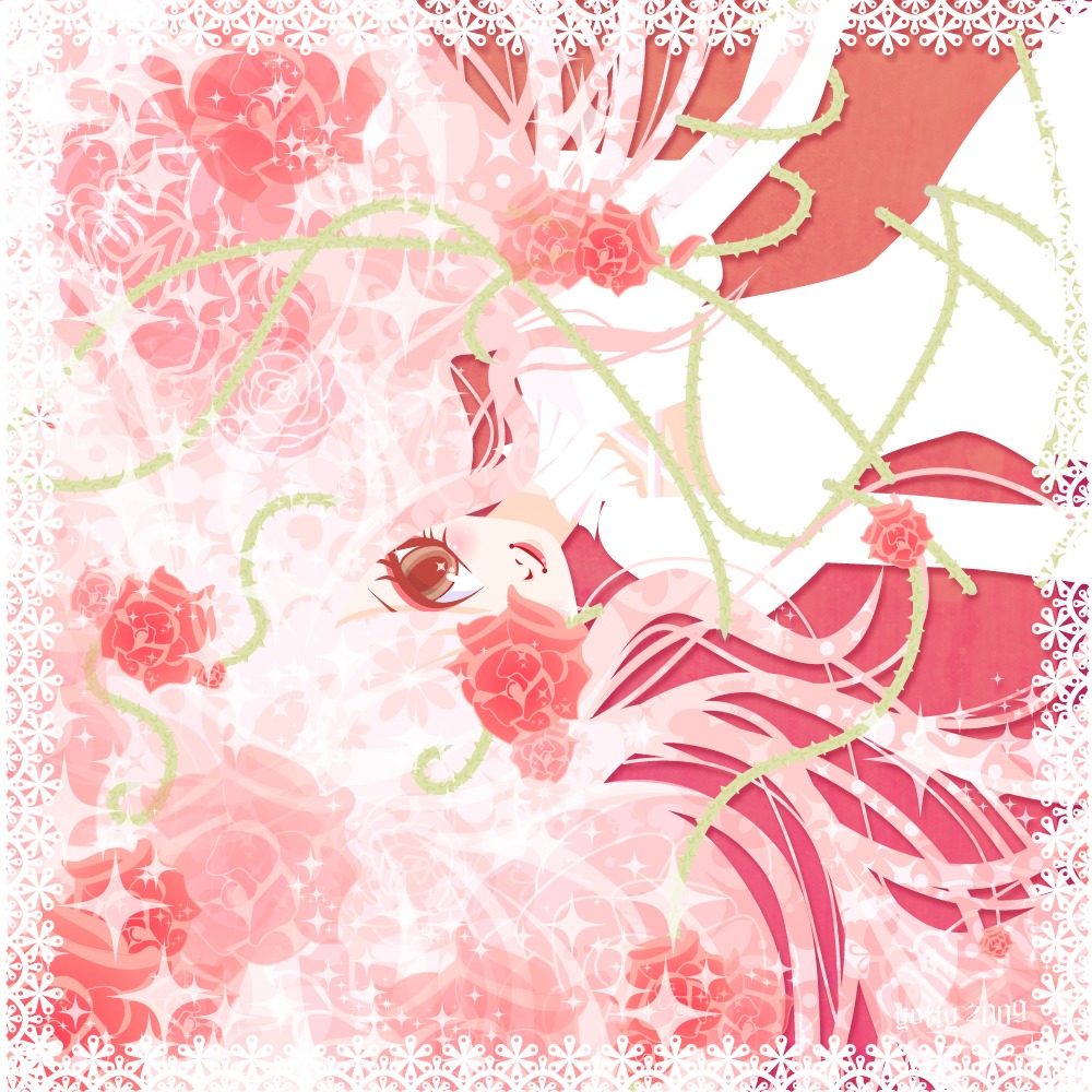 1girl flower image kirakishou long_hair pink_eyes pink_hair pink_theme red_theme rose smile solo sparkle vines