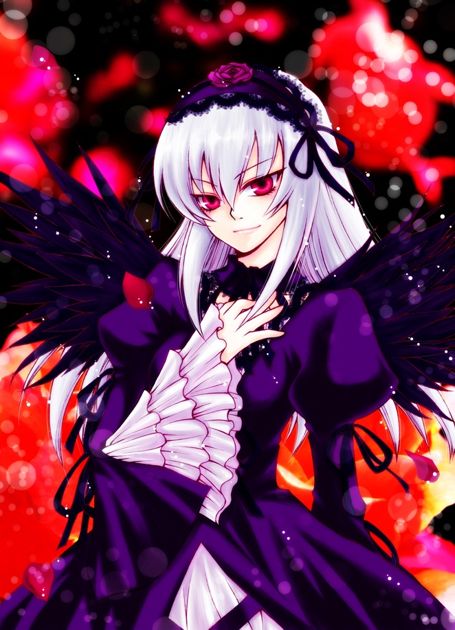 1girl auto_tagged black_wings dress frills hairband image juliet_sleeves long_hair long_sleeves looking_at_viewer pink_eyes puffy_sleeves silver_hair smile solo suigintou wings