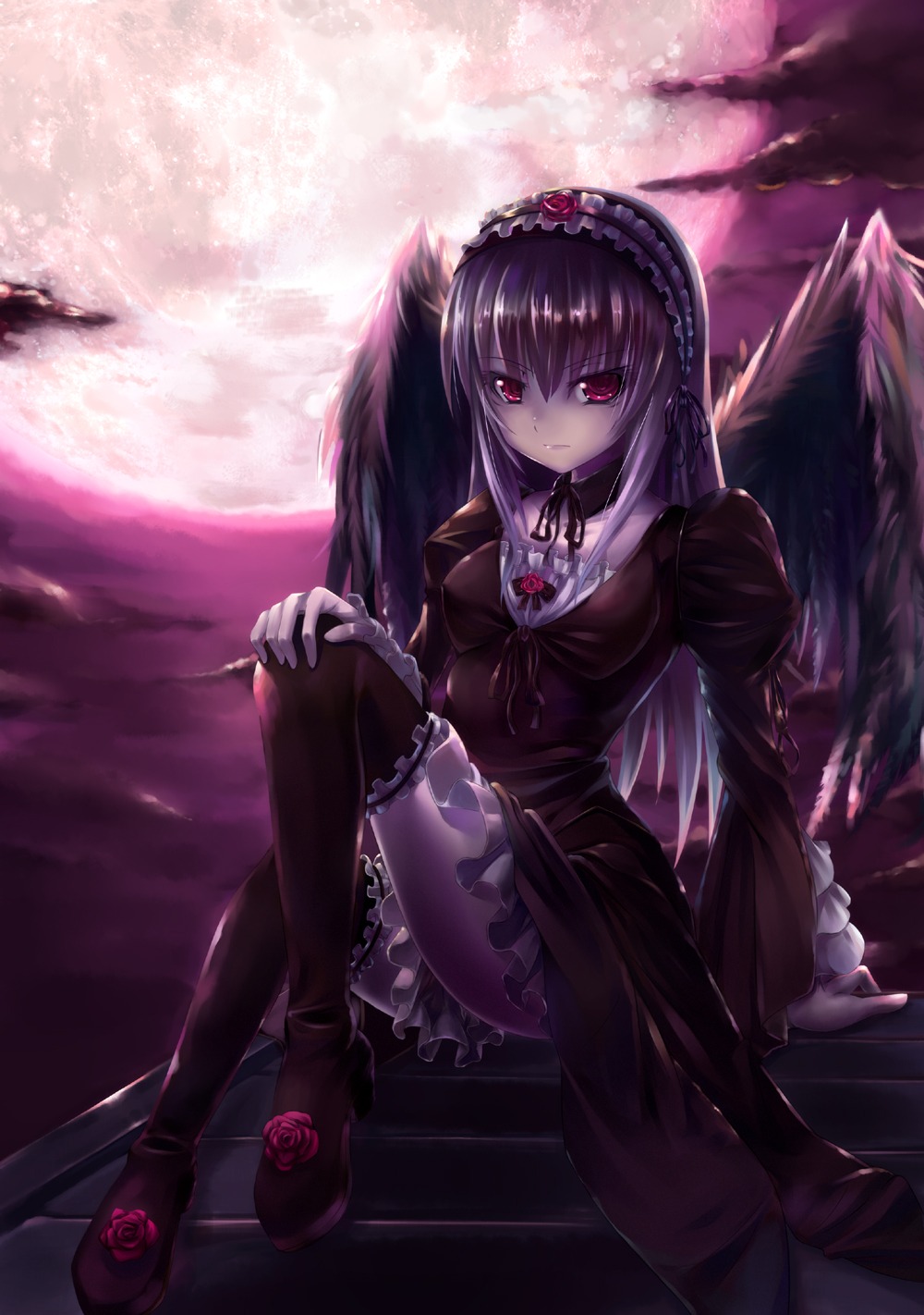 1girl asa_(swallowtail) bangs black_legwear black_wings dress eyebrows_visible_through_hair feathers flower frills gothic_lolita hair_between_eyes hairband highres image lolita_fashion lolita_hairband long_hair long_sleeves looking_at_viewer moon photoshop_(medium) red_eyes rose rozen_maiden silver_hair sitting solo suigintou thighhighs wings