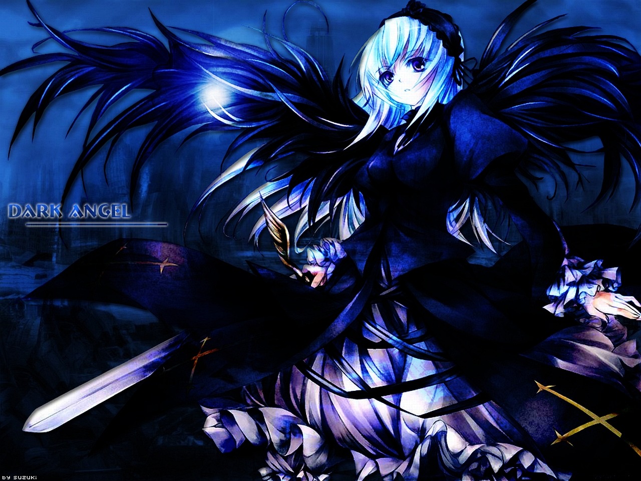 1girl black_dress black_wings closed_mouth cross dress floating_hair flower frilled_sleeves frills hairband image lolita_hairband long_hair long_sleeves looking_at_viewer puffy_sleeves rose solo suigintou very_long_hair weapon wings