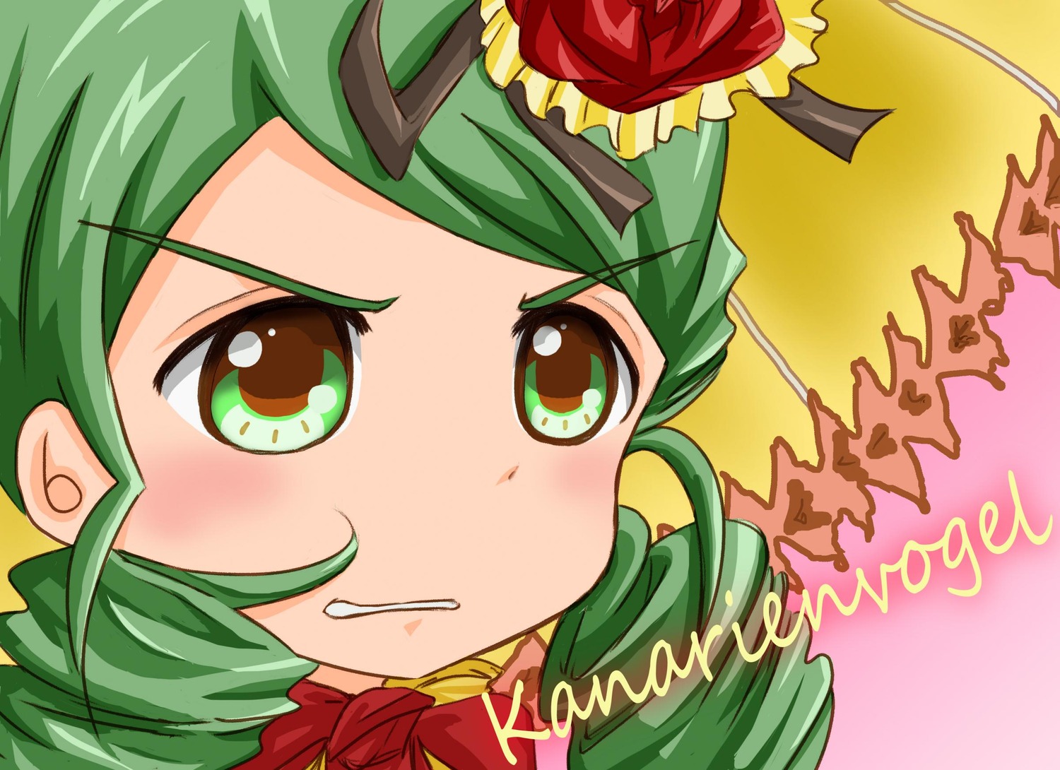 1girl clenched_teeth face flower green_eyes green_hair hair_flower hair_ornament image kanaria looking_at_viewer solo teeth yellow_eyes