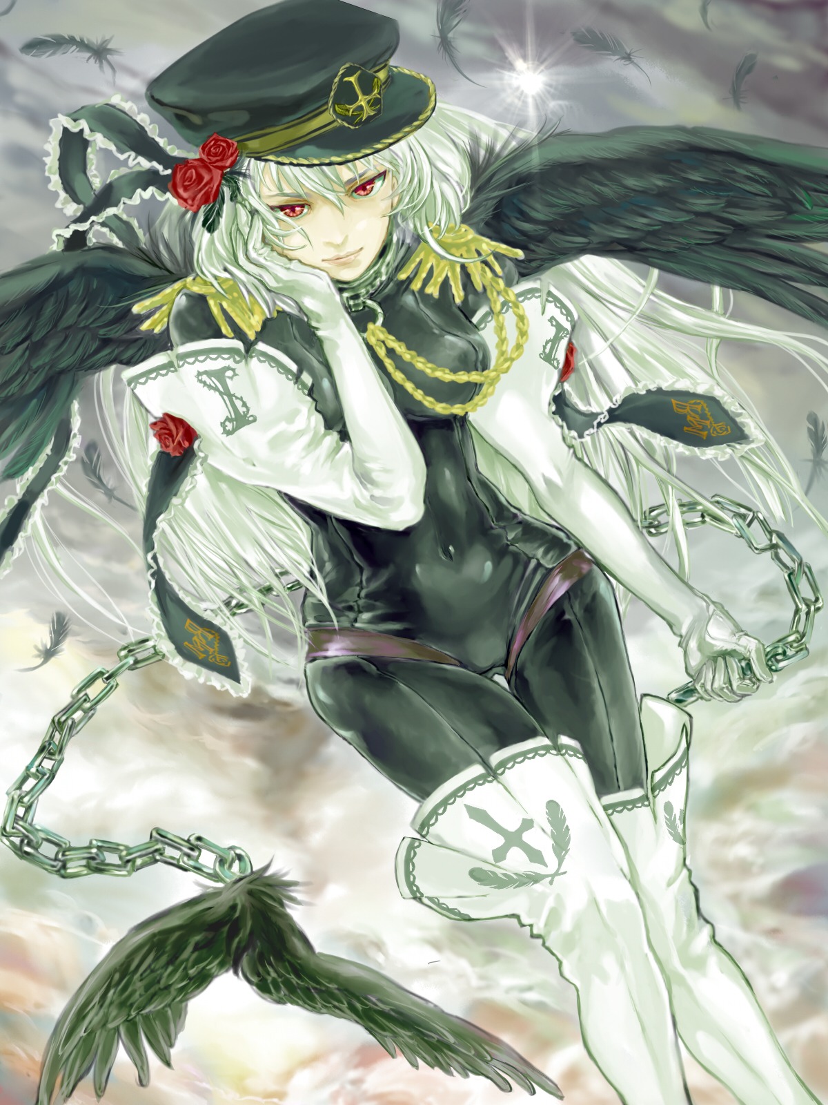 1girl angel angel_wings bird black_feathers black_wings chain chained cuffs dove eagle feathered_wings feathers flower gloves halo handcuffs hat image long_hair military_uniform red_eyes rose smile solo suigintou uniform wings