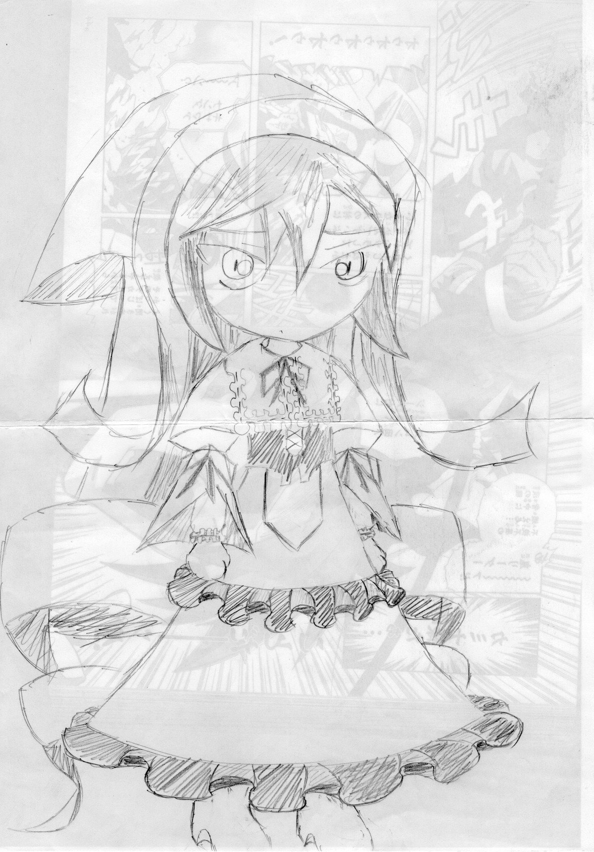 1girl blush closed_mouth dress frills greyscale hair_between_eyes hairband image long_hair long_sleeves monochrome solo standing suiseiseki traditional_media