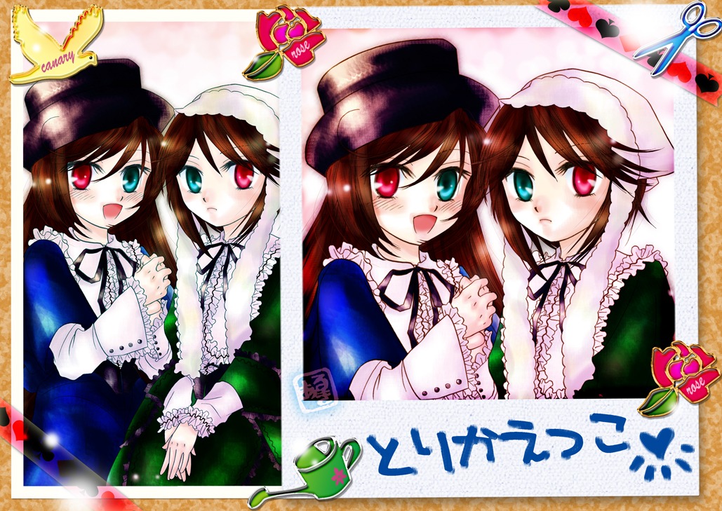 :d blue_dress blush brown_hair dress green_dress green_eyes hat head_scarf heterochromia image long_hair long_sleeves looking_at_viewer open_mouth pair red_eyes siblings sisters smile souseiseki suiseiseki twins very_long_hair watering_can