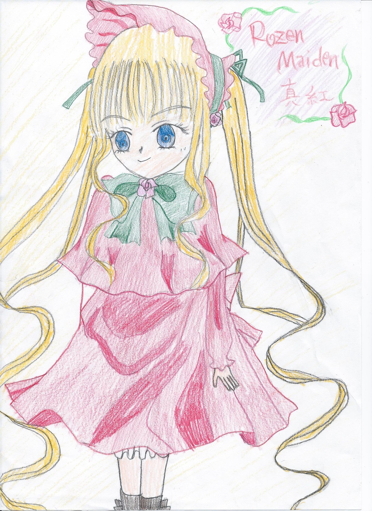 1girl blonde_hair blue_eyes bow bowtie capelet dress flower image long_hair long_sleeves looking_at_viewer red_dress rose shinku sidelocks smile solo traditional_media twintails very_long_hair