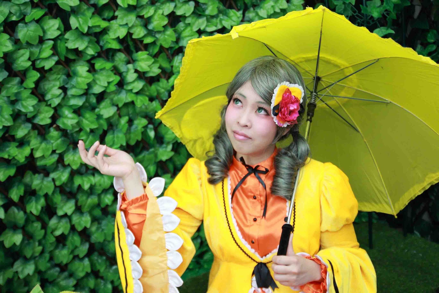 1girl black_umbrella dress drill_hair flower frills hair_flower hair_ornament holding holding_umbrella hydrangea kanaria lips parasol rain raincoat red_umbrella solo transparent_umbrella umbrella yellow_dress