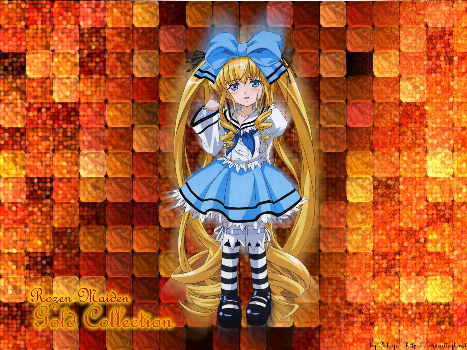 1girl argyle argyle_background blonde_hair blue_eyes bow checkered checkered_background checkered_floor chess_piece copyright_name dress hair_bow image long_hair pantyhose shinku skirt solo striped striped_legwear tiles twintails very_long_hair