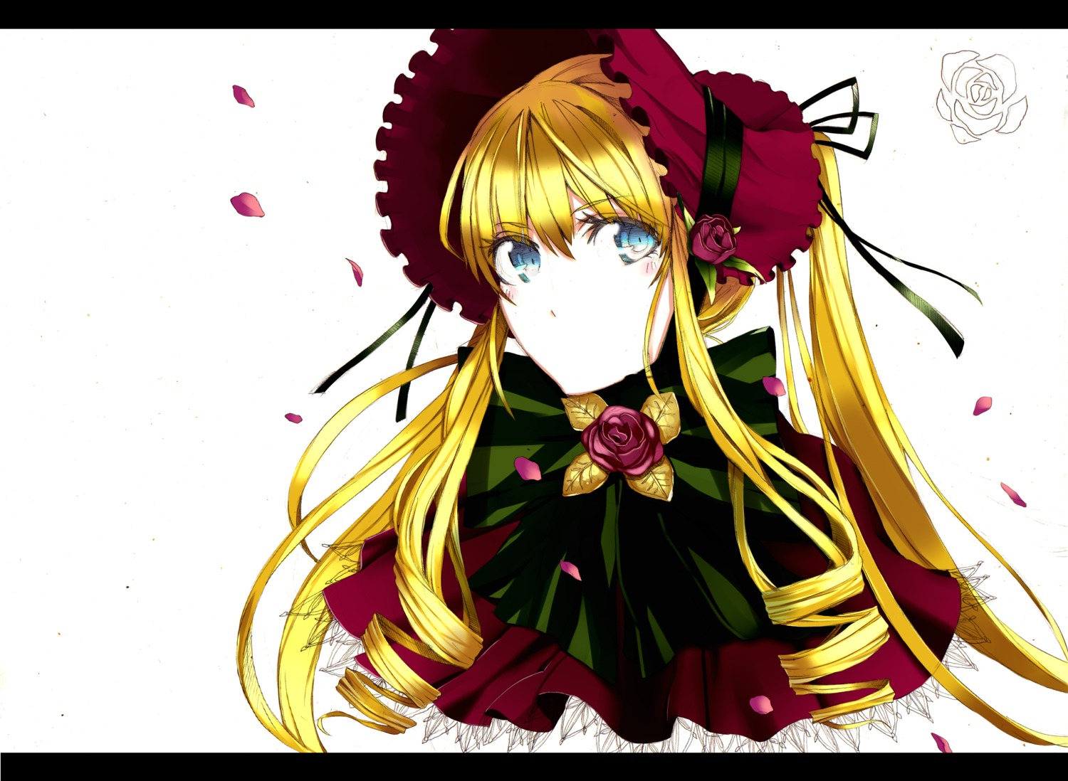 1girl black_border blonde_hair blue_eyes bonnet bow bowtie capelet dress flower image letterboxed long_hair looking_at_viewer petals pink_flower pink_rose red_capelet red_flower rose rose_petals shinku sidelocks simple_background solo twintails white_background