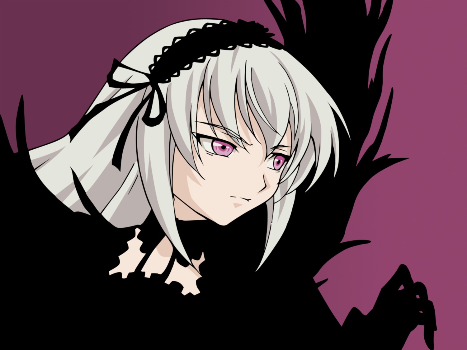 1girl black_ribbon black_wings detached_collar dress frills hairband image long_hair pink_eyes silver_hair simple_background solo suigintou wings