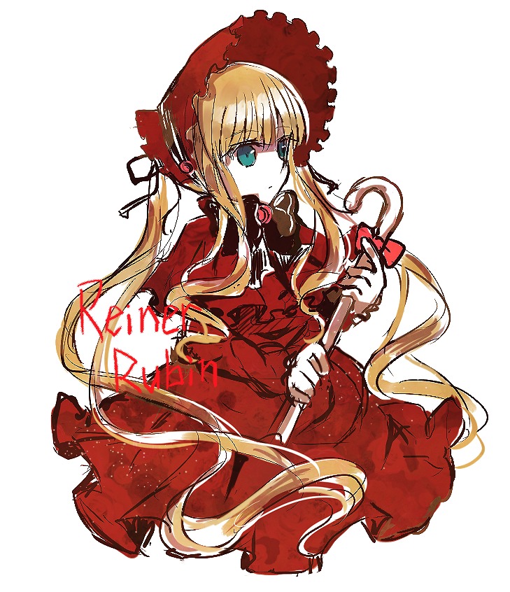 1girl bangs blonde_hair bonnet bow bowtie dress image long_hair long_sleeves looking_at_viewer red_dress shinku sidelocks simple_background solo twintails very_long_hair white_background