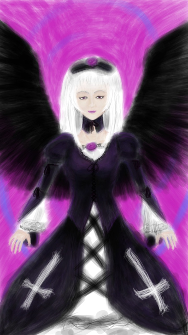 1girl black_wings dress frills hat image long_hair long_sleeves looking_at_viewer silver_hair solo suigintou wings