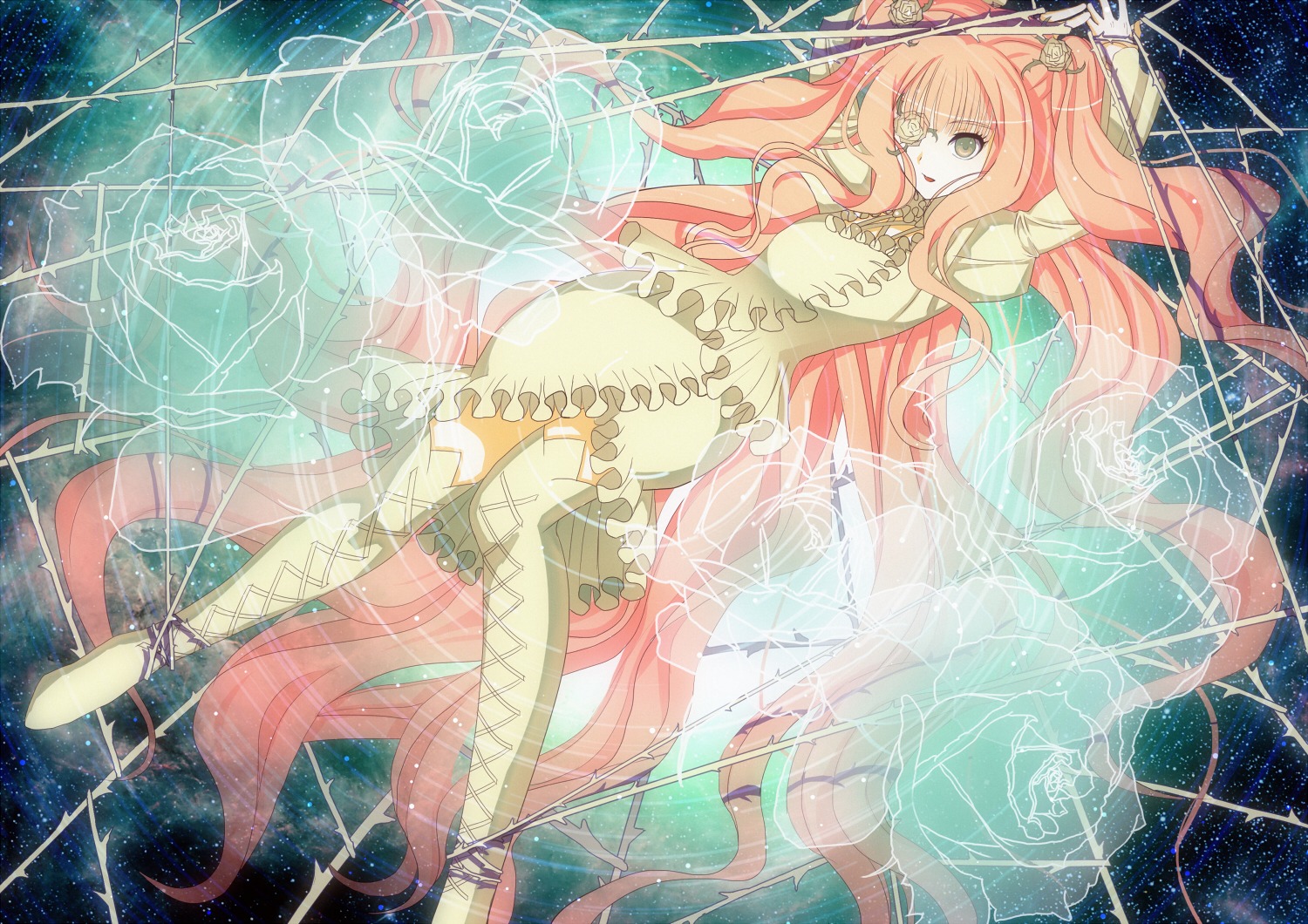 1girl dress hair_ornament image kirakishou long_hair pink_hair solo thighhighs very_long_hair