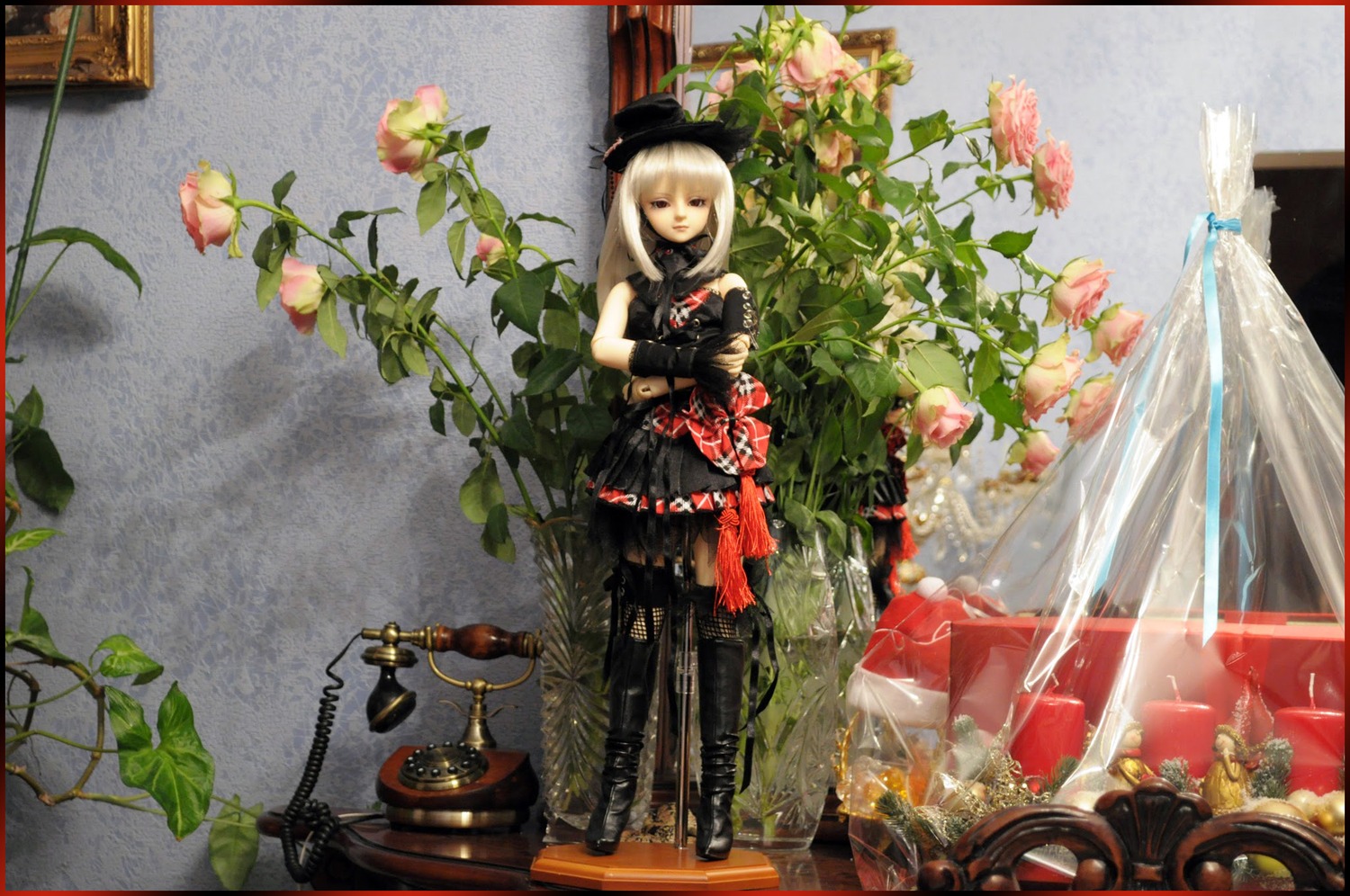 1girl doll dress flower gloves hat long_hair plant potted_plant solo suigintou