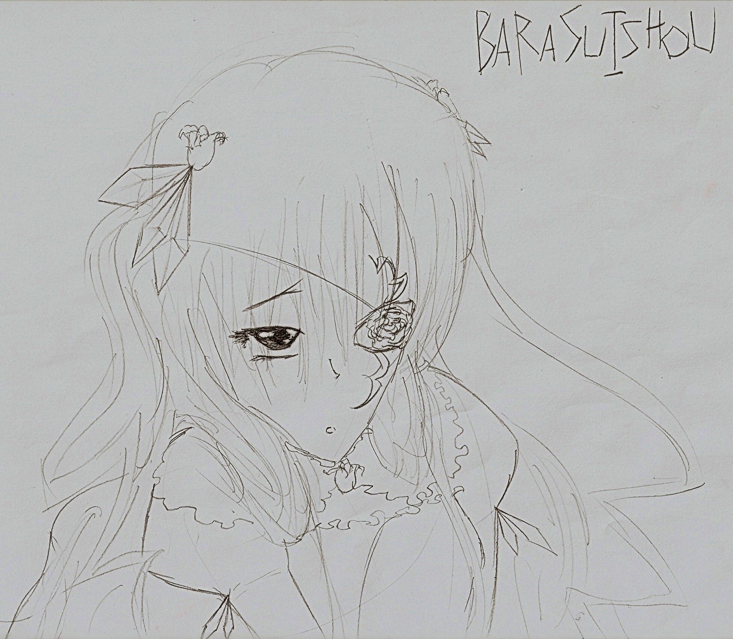 1girl barasuishou blush dress greyscale hair_ornament image long_hair monochrome sketch solo tears traditional_media upper_body