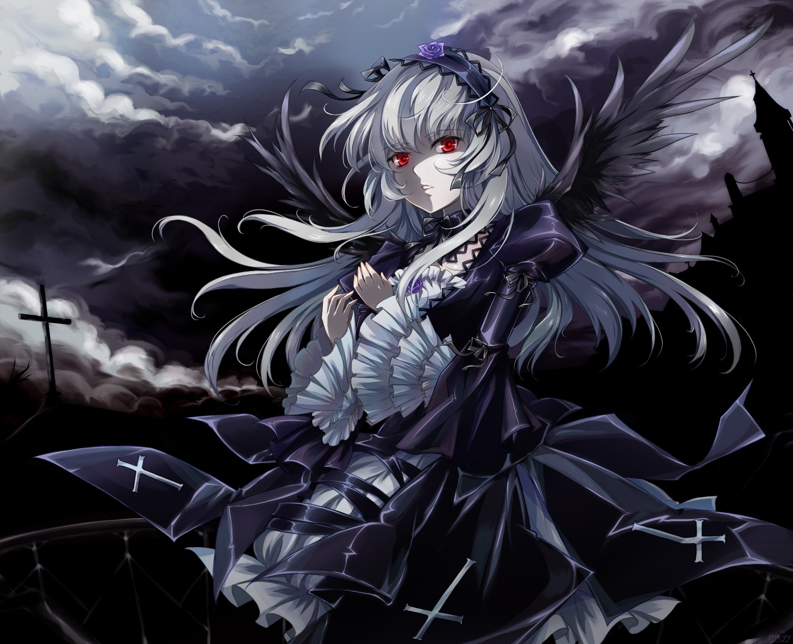 1girl black_theme black_wings cloud cloudy_sky commentary_request cross dark dress flower frills gothic_lolita hairband highres image lolita_fashion lolita_hairband long_hair long_sleeves mtyy photoshop_(medium) red_eyes rose rozen_maiden silver_hair sky solo suigintou wings