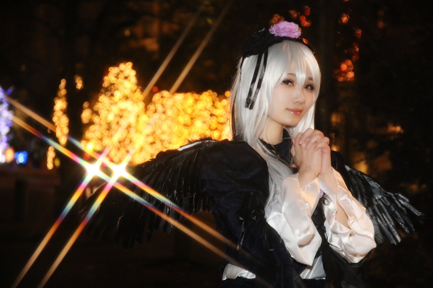 1girl bangs black_dress black_ribbon blurry candle closed_mouth depth_of_field dress flower hair_between_eyes hair_ribbon long_hair long_sleeves looking_at_viewer ribbon solo suigintou upper_body