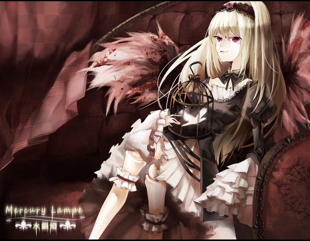 1girl black_wings blonde_hair doll_joints dress frills hairband image joints letterboxed lolita_fashion long_hair long_sleeves red_eyes ribbon sitting solo suigintou torn_clothes wings