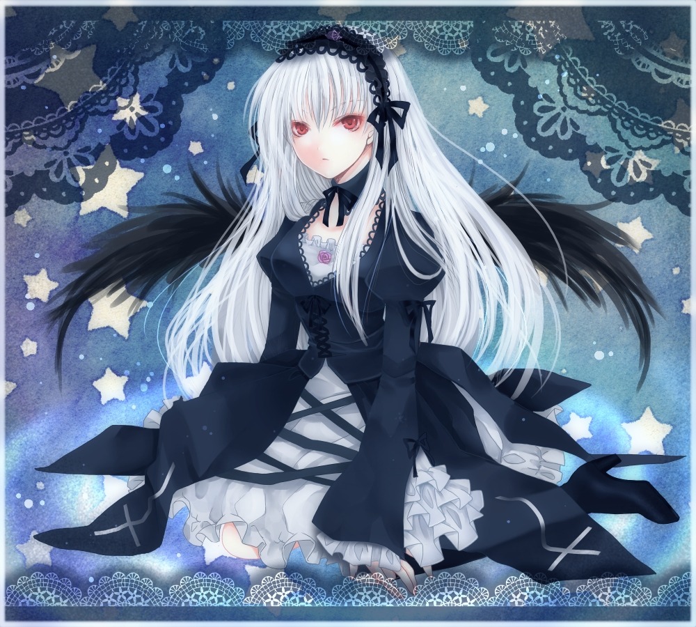 1girl black_wings commentary_request cross doily dress frills gothic_lolita hairband high_heels image lace_border lolita_fashion long_hair long_sleeves looking_at_viewer rara419 red_eyes ribbon rozen_maiden sitting solo star_(symbol) starry_background suigintou white_hair wings