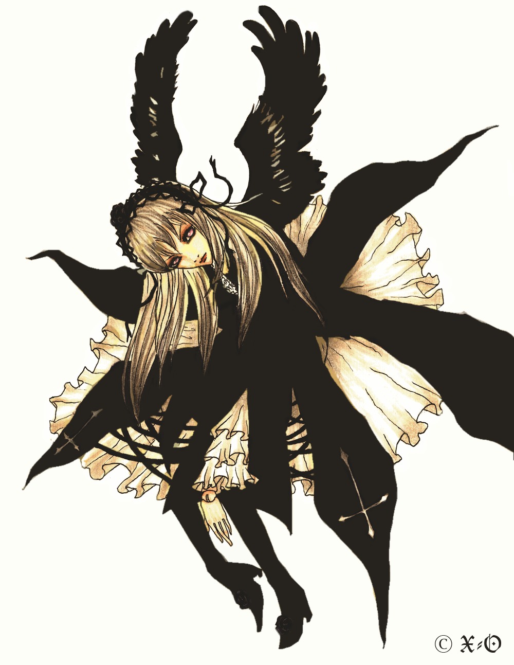 1girl auto_tagged bangs black_wings blonde_hair boots dress feathered_wings feathers frills image long_hair long_sleeves solo striped suigintou wings