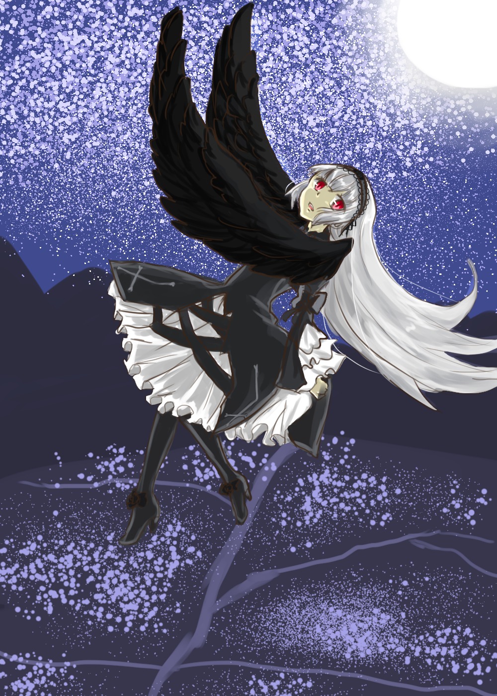 1girl black_wings dress hairband image long_hair night night_sky open_mouth red_eyes silver_hair sky solo space star_(sky) starry_sky suigintou very_long_hair wings