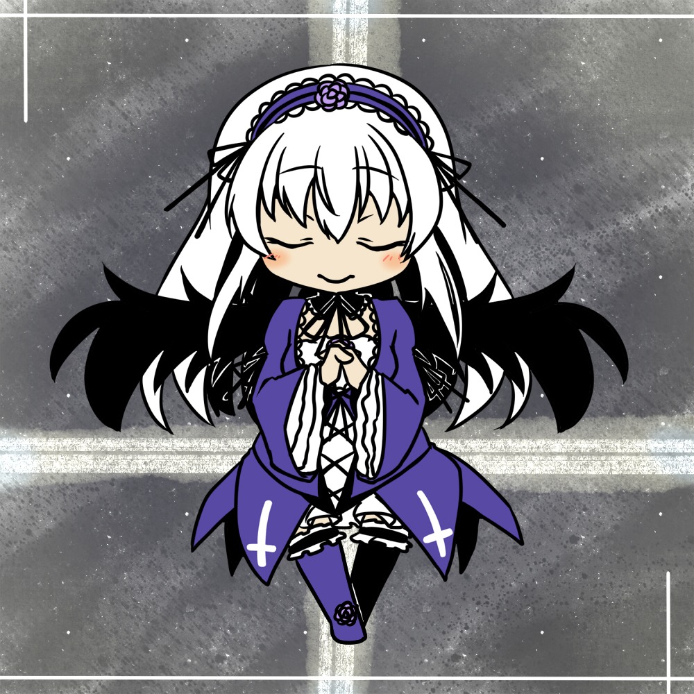 1girl black_ribbon blush closed_eyes closed_mouth dress flower frills full_body hairband image long_hair long_sleeves night ribbon rose silver_hair sky smile solo standing star_(sky) starry_sky suigintou wings