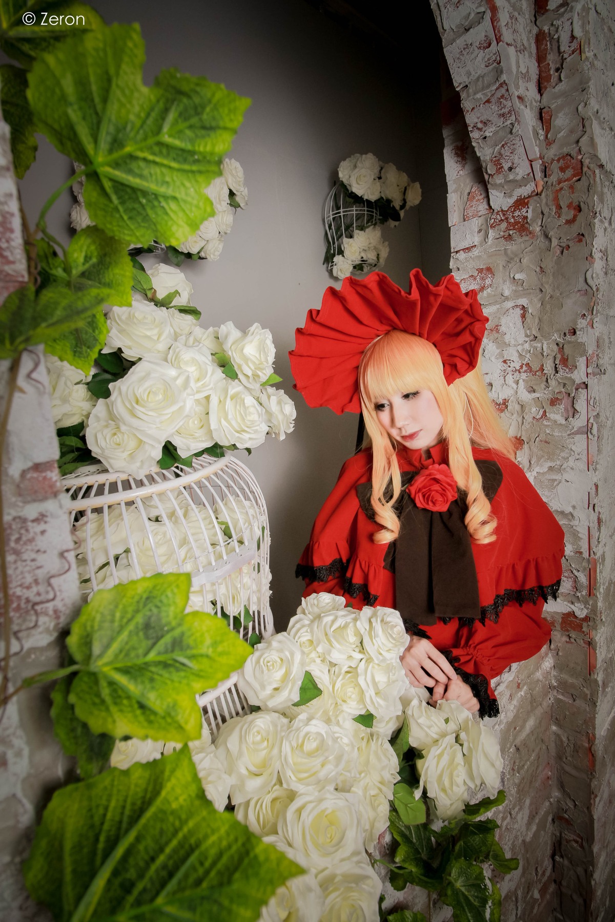 1girl blonde_hair bonnet bow closed_eyes dress flower long_hair red_dress rose shinku solo white_flower white_rose