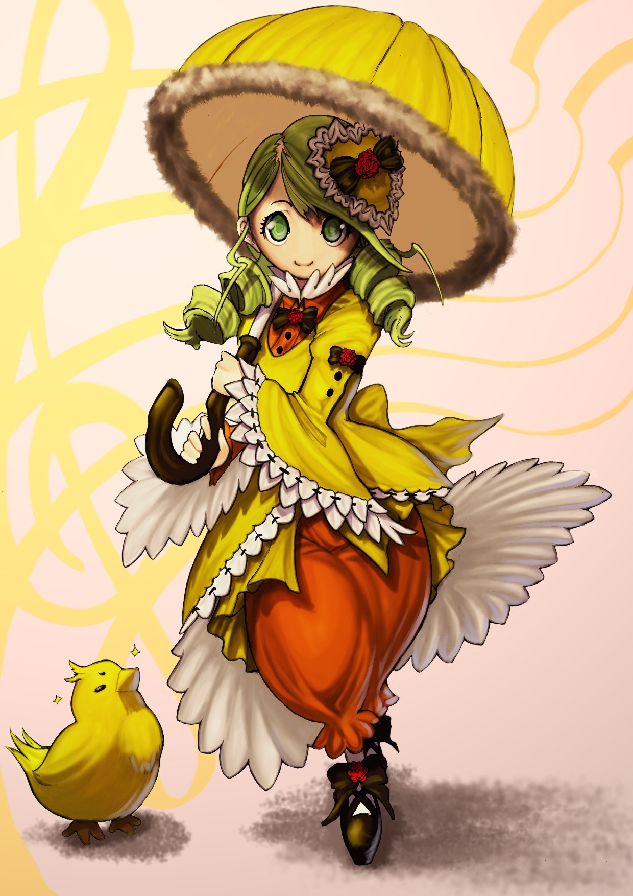 1girl auto_tagged bird bow drill_hair flower frills full_body green_eyes green_hair hat image kanaria long_hair parasol rose smile solo twin_drills umbrella