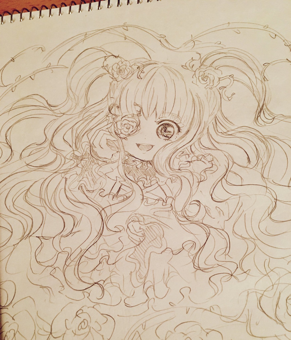 1girl flower frills hair_flower hair_ornament image kirakishou long_hair monochrome open_mouth smile solo traditional_media very_long_hair