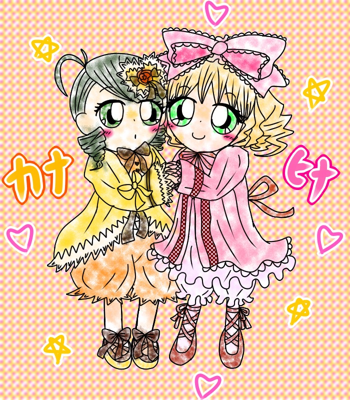 2girls blonde_hair blush bow dress drill_hair green_eyes hair_bow halftone halftone_background heart hina_ichigo hinaichigo holding_hands image kanaria long_sleeves multiple_girls pair pink_bow polka_dot polka_dot_background smile star_(symbol) twin_drills