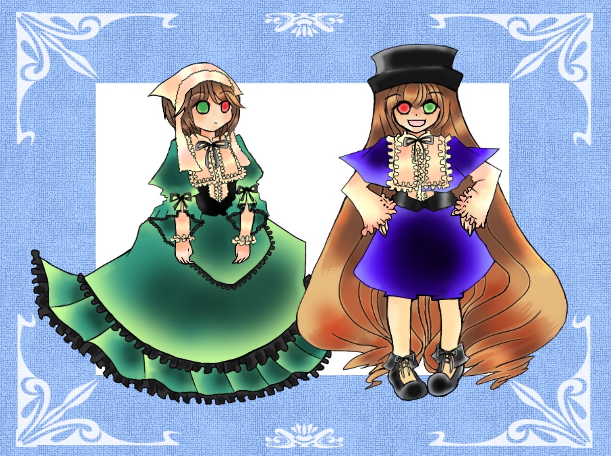 :d brown_hair costume_switch dress frills full_body green_dress green_eyes hat head_scarf heterochromia image long_hair long_sleeves looking_at_viewer multiple_girls open_mouth red_eyes smile suiseiseki twins very_long_hair