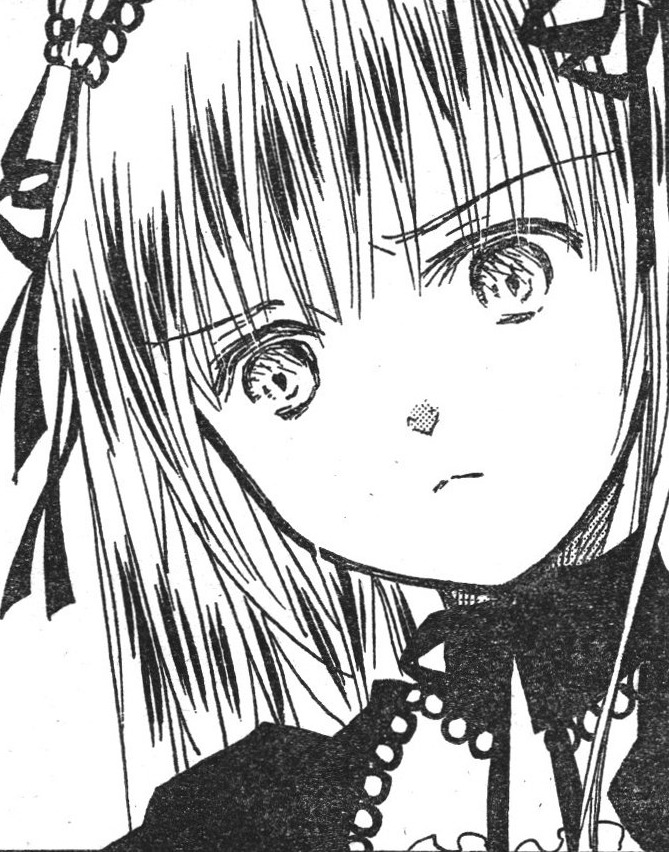 1girl blush closed_mouth eyebrows_visible_through_hair greyscale hair_ribbon image looking_at_viewer monochrome ribbon solo suigintou traditional_media white_background
