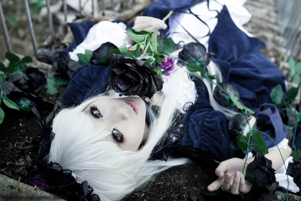 1girl blurry blurry_foreground depth_of_field dress flower frills lips looking_at_viewer plant solo suigintou white_hair