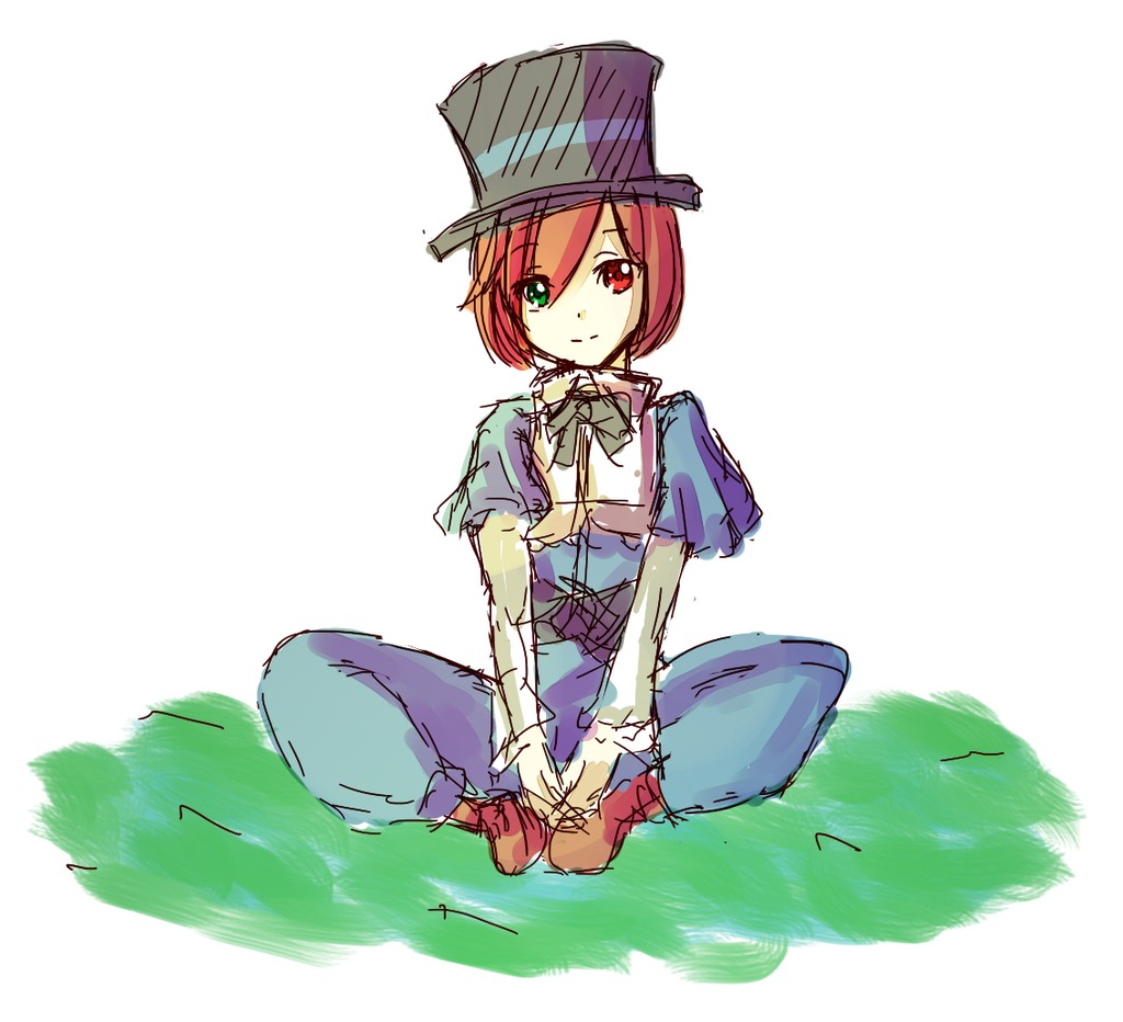 1girl blue_dress bow bowtie dress full_body grass green_eyes hat heterochromia image long_sleeves pantyhose red_eyes short_hair sitting sketch solo souseiseki top_hat white_background