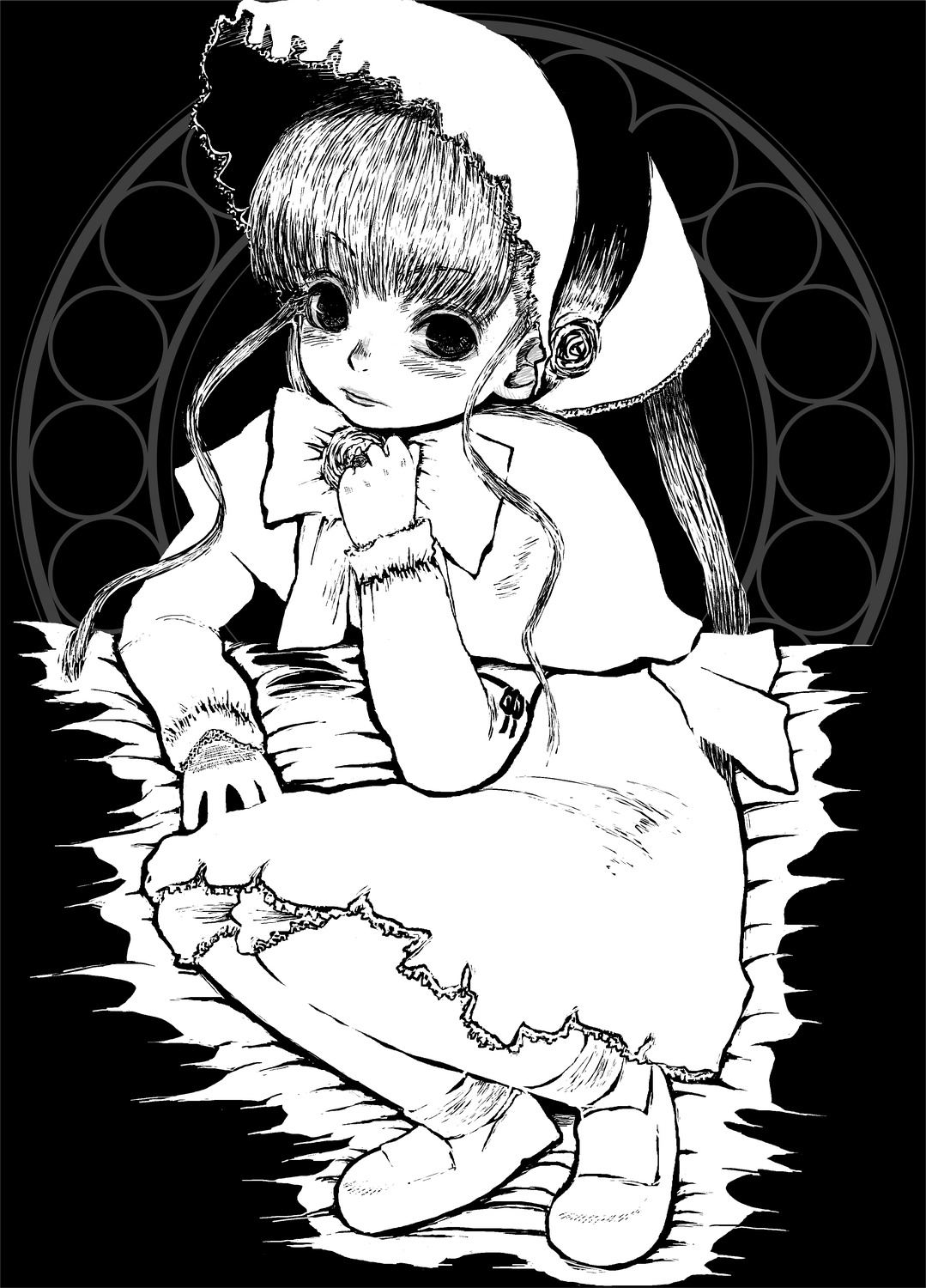 1girl bangs black_background dress full_body greyscale image long_sleeves looking_at_viewer monochrome own_hands_together shinku sitting solo