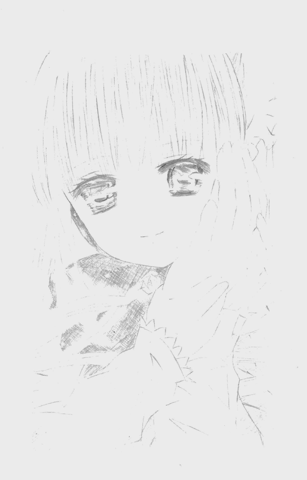 1girl bangs blush closed_mouth image looking_at_viewer monochrome shinku smile solo traditional_media
