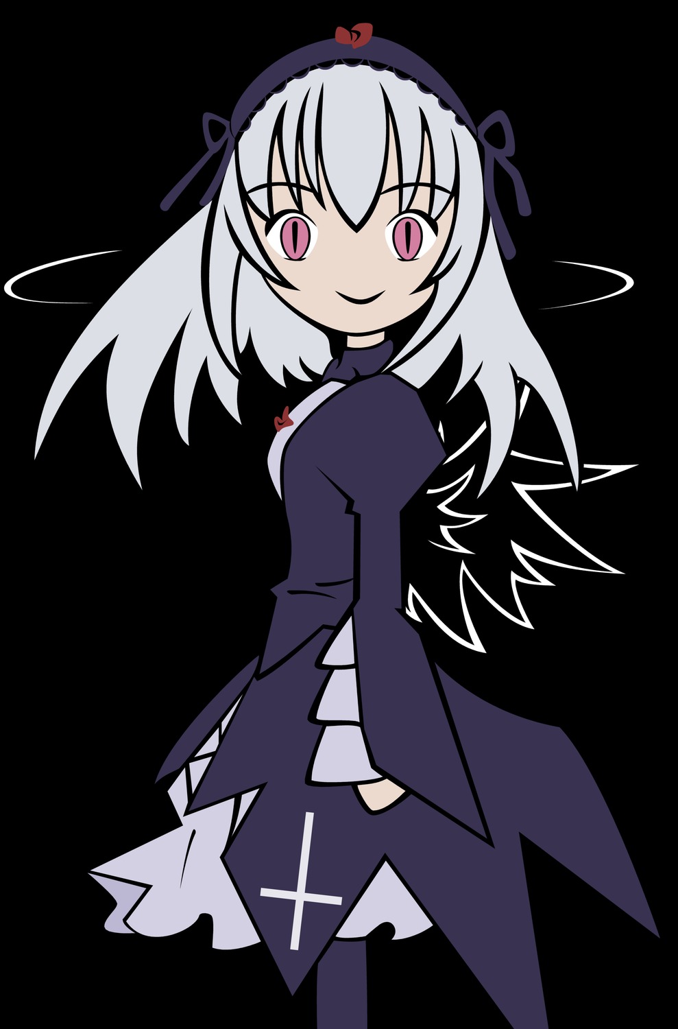 1girl dress frills full_body hairband image long_hair long_sleeves looking_at_viewer pink_eyes simple_background smile solo standing suigintou wings