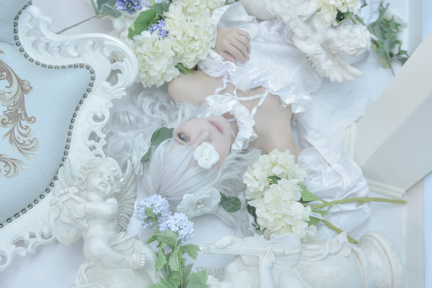 1girl bare_shoulders dress flower kirakishou lips rose solo wedding_dress white_dress white_flower white_hair white_rose