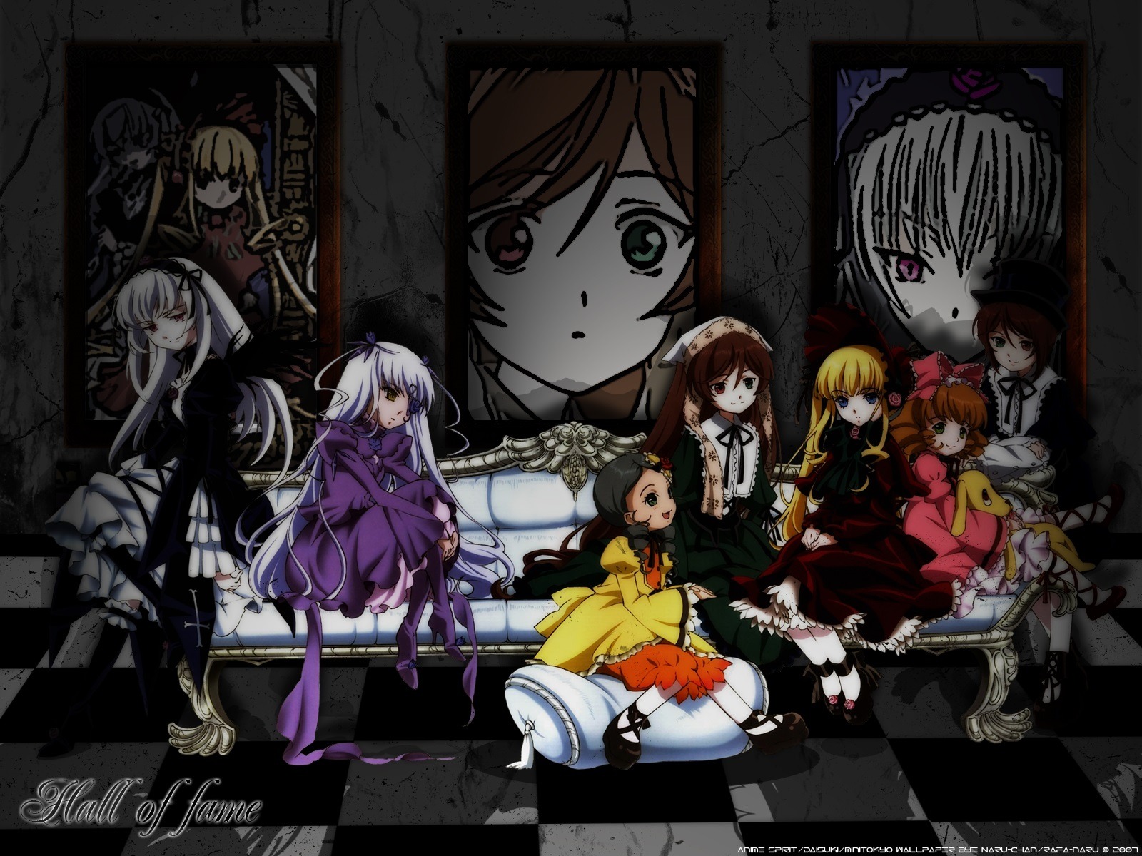 6+girls argyle argyle_background blonde_hair blue_eyes board_game bow brown_hair checkered checkered_background checkered_floor chess_piece dress eyepatch frills hat heterochromia image long_hair multiple multiple_girls perspective pink_bow red_eyes shinku silver_hair standing suigintou tagme tile_floor tiles top_hat twintails very_long_hair wings