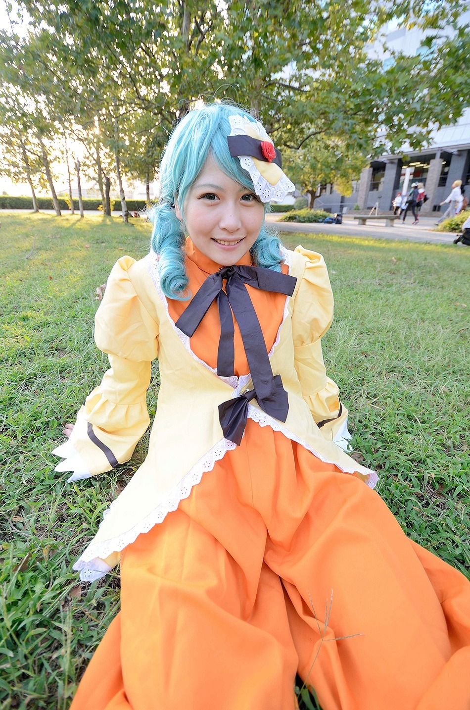 1girl blue_hair day dress hat kanaria orange_dress outdoors photo see-through smile solo sunlight tree