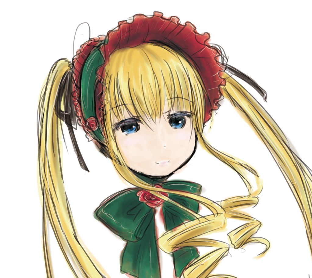 1girl bangs blonde_hair blue_eyes bow bowtie closed_mouth drill_hair face flower green_bow image long_hair looking_at_viewer portrait rose shinku simple_background smile solo twintails white_background