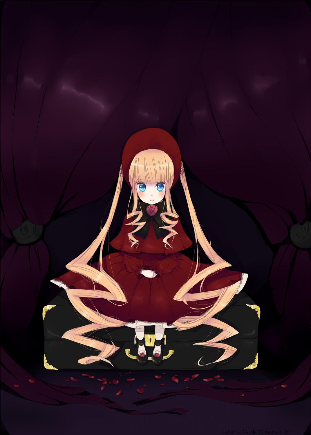 1girl blonde_hair blue_eyes bow curtains dress flower food image long_hair red_dress rose shinku shoes sitting solo twintails very_long_hair